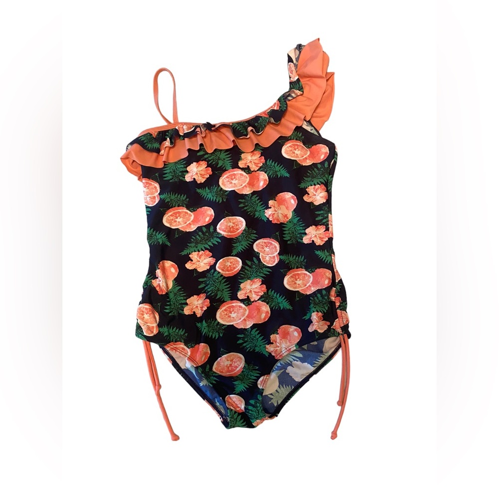 KALAWALK girls asymmetrical ruffle tropical print one piece swimsuit size 14